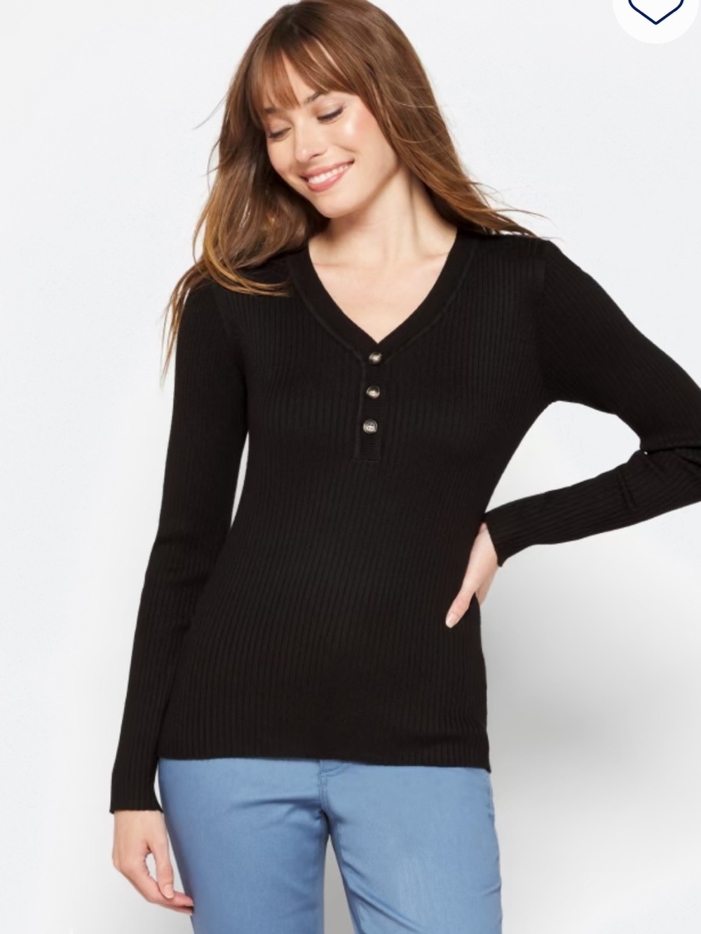 Ribbed V-Neck Henley Long Sleeve Top - Black